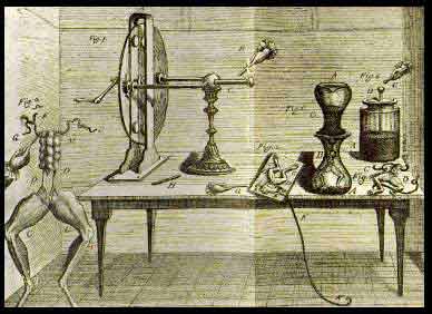 Figura 1 - Famoso experimento de Galvani en que excitó la pierna de una rana muerta con una corriente eléctrica producida a partir de un generador electrostático.
