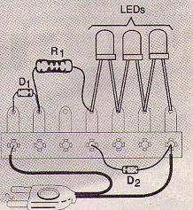   Figura 2 – montaje del circuito sobre un pequeño puente. Los ánodos deben estar en el lado izquierdo.
