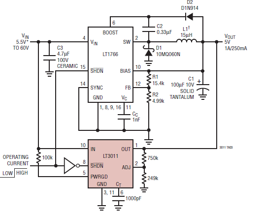 Circuito de 5 V con una capacidad de 1 A.
