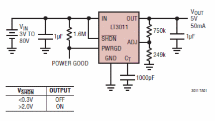 Circuito más simple con el LT3011 que proporciona 50 mA de salida, con una tensión de entrada de 3 V a 80 V.
