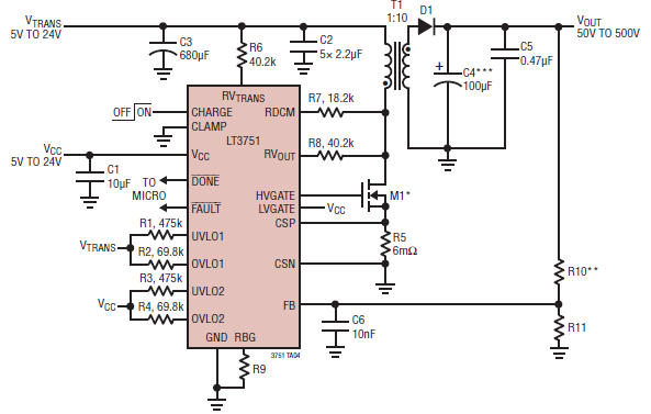 Regulador de 18 A con salida hasta 500 V sugerido por la Linear Technology.
