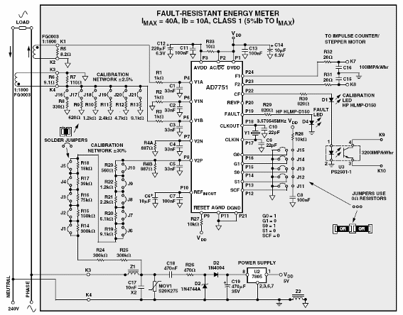 Figura 1 - Diagrama completo del medidor de consumo de energía de Analog Devices con el AD7751.
