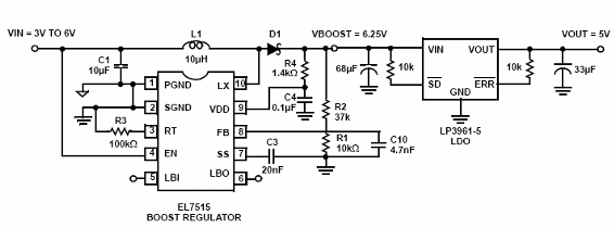 Figura 1- Fuente de 5 V USB utilizando un regulador de impulsión y un LDO.
