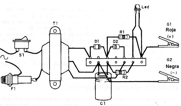 Figura 3 - En el montaje observe la polaridad de C1. El negativo queda del lado del hilo de la garra negra.
