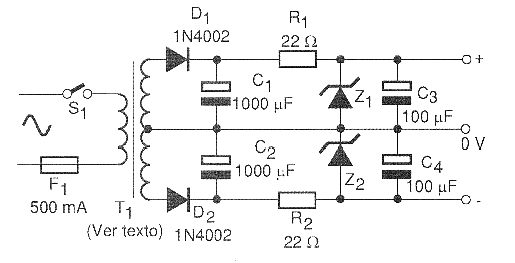 Figura 2 - Fuente simétrica con regulación por diodo zener.
