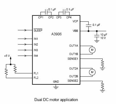 Figura 7 - Circuito de control para dos motores DC comunes utilizando el A3906 de Allegro.
