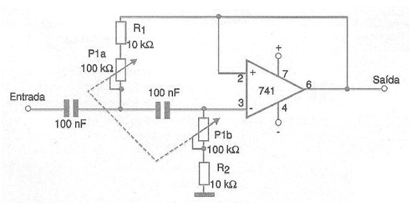 Figura 5 - Filtro con ajuste de frecuencia usando un amplificador operacional 741.
