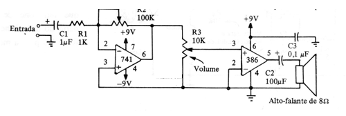 Amplificador LM386 com Preamplificador 741
