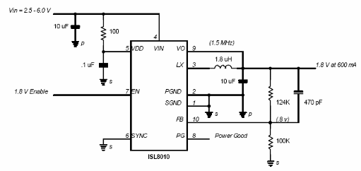 Convertidor reductor de 600 mA con ISL8010 
