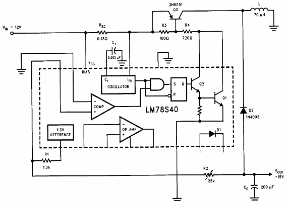 Regulador inversor 15 V con 1,5 A LM78S40 
