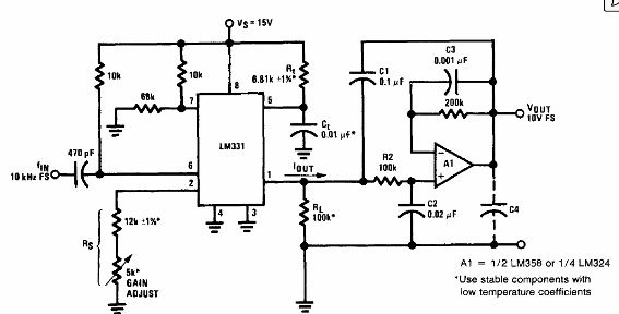 Convertidor de frecuencia a tensión con búfer de salida LM331
