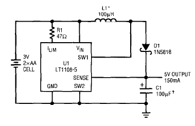 Convertidor de 3 a 5 V con 150 mA LT1106 
