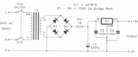 Alimentación regulada 15V x 1A 
